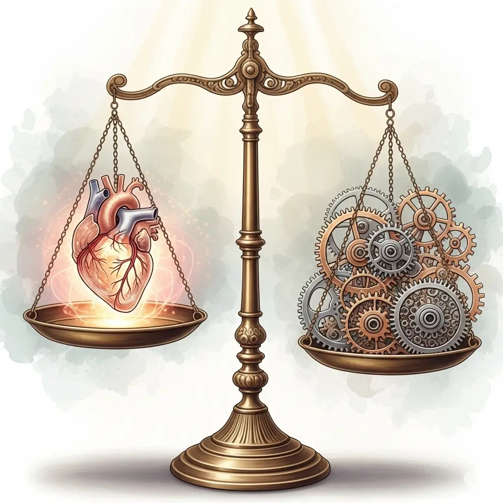 A balanced scale holding a glowing heart on one side and intricate gears on the other, symbolizing the balance of emotion and logic for a sensitive Capricorn.