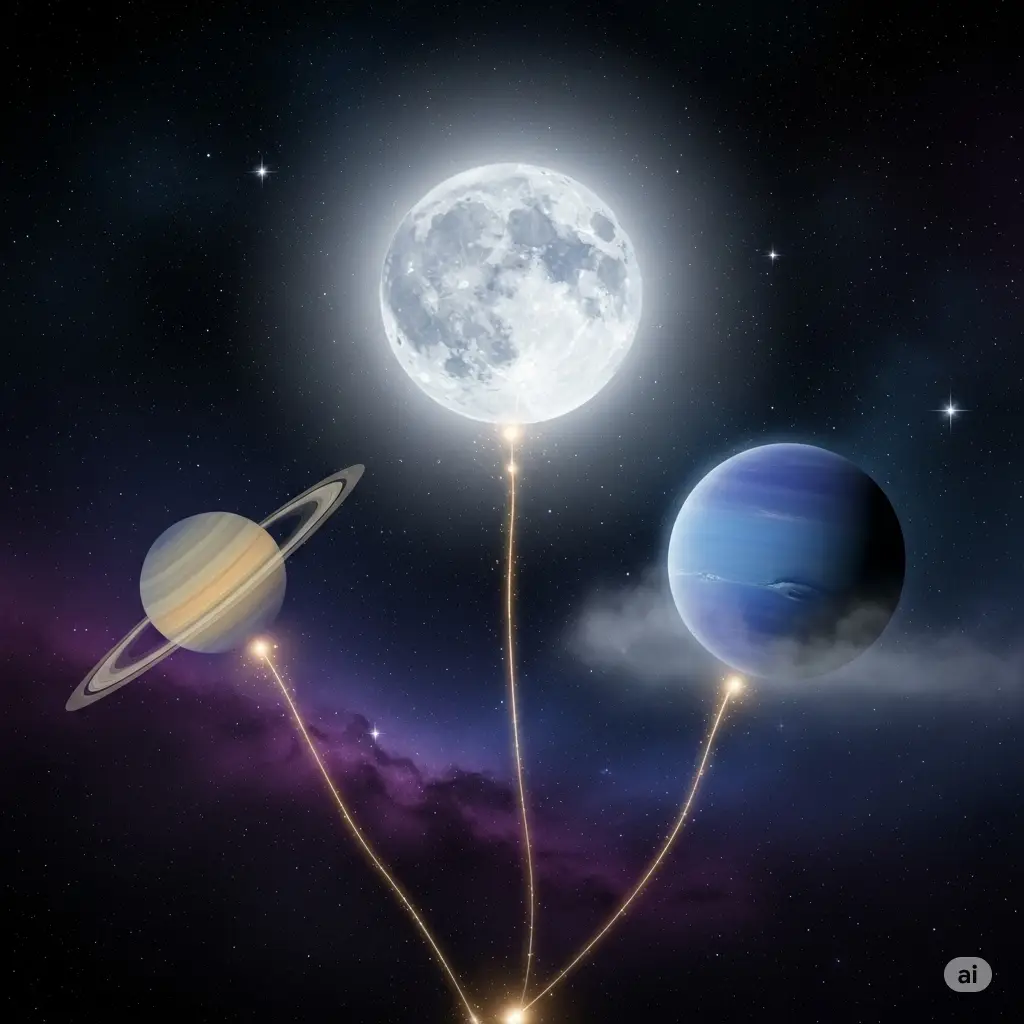 Artistic depiction of the Moon, Saturn, and Neptune influencing a Capricorn's personality, blending intuition from the Moon with discipline from Saturn.