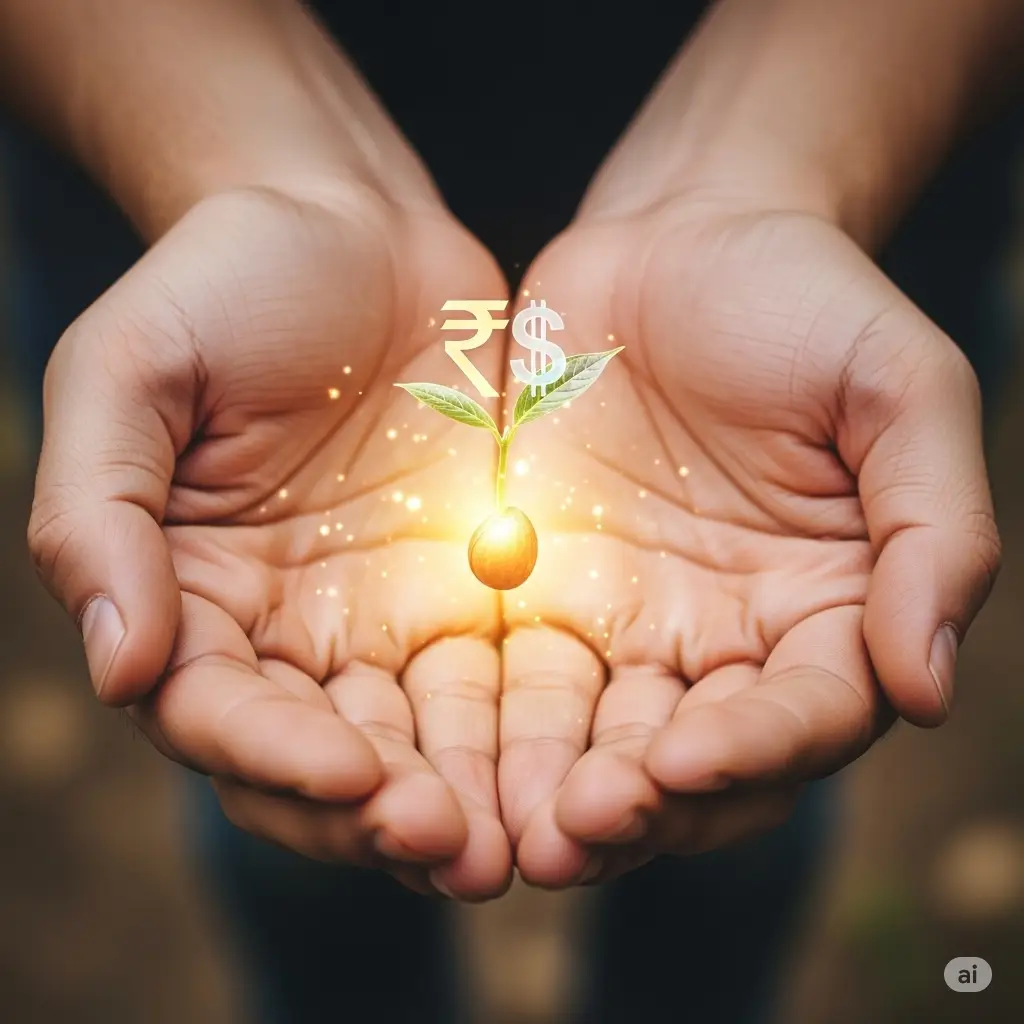 Two cupped hands gently holding a small, glowing seed from which a sprout unfurls, symbolizing attracting wealth through intuition and creativity.