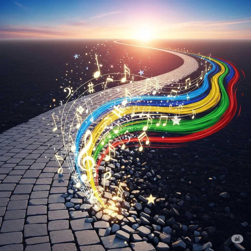 A winding pathway that transforms into a stream of musical notes and creative symbols, representing a life composed with artistry and intuition.