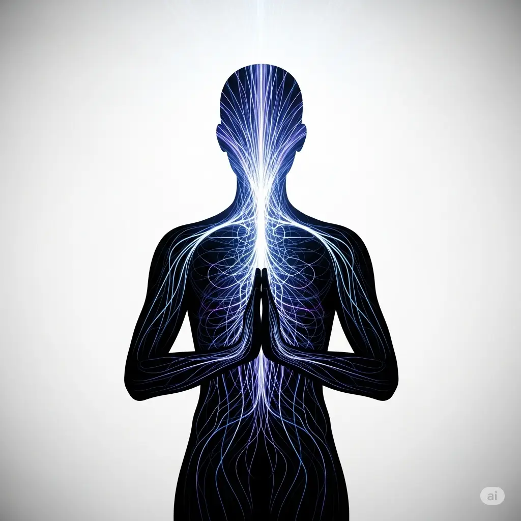 A silhouette of a person in a meditative pose with lines of glowing energy flowing inside, highlighting the sensitive mind-body connection.