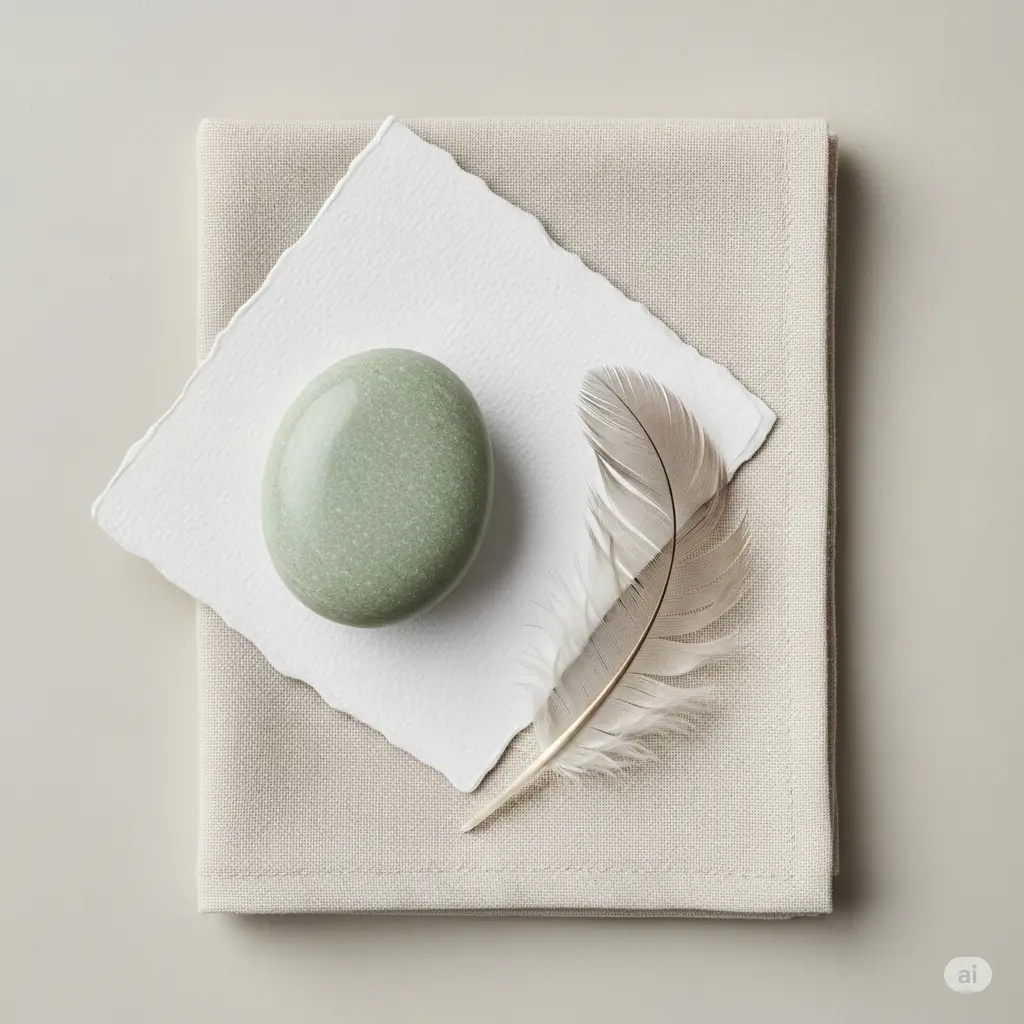 A flat lay of items in calming colors: cream linen, pale green stone, white paper, and a gray feather, representing numerology power colors.