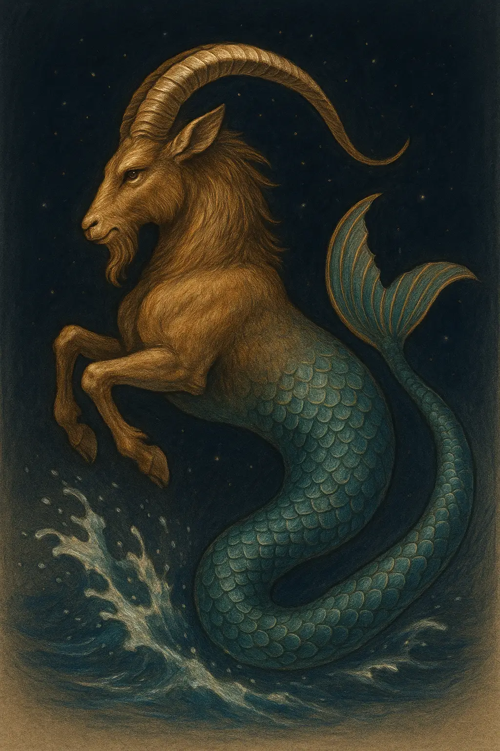 An artistic illustration of the Capricorn zodiac symbol, the mythical Sea-Goat, representing the star sign for January babies, also known as Makar Rashi