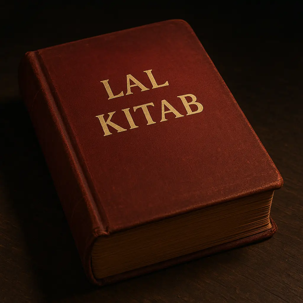 An artistic drawing of the Lal Kitab, a vintage red book of astrology, resting on a dark desk with esoteric charts in the background.