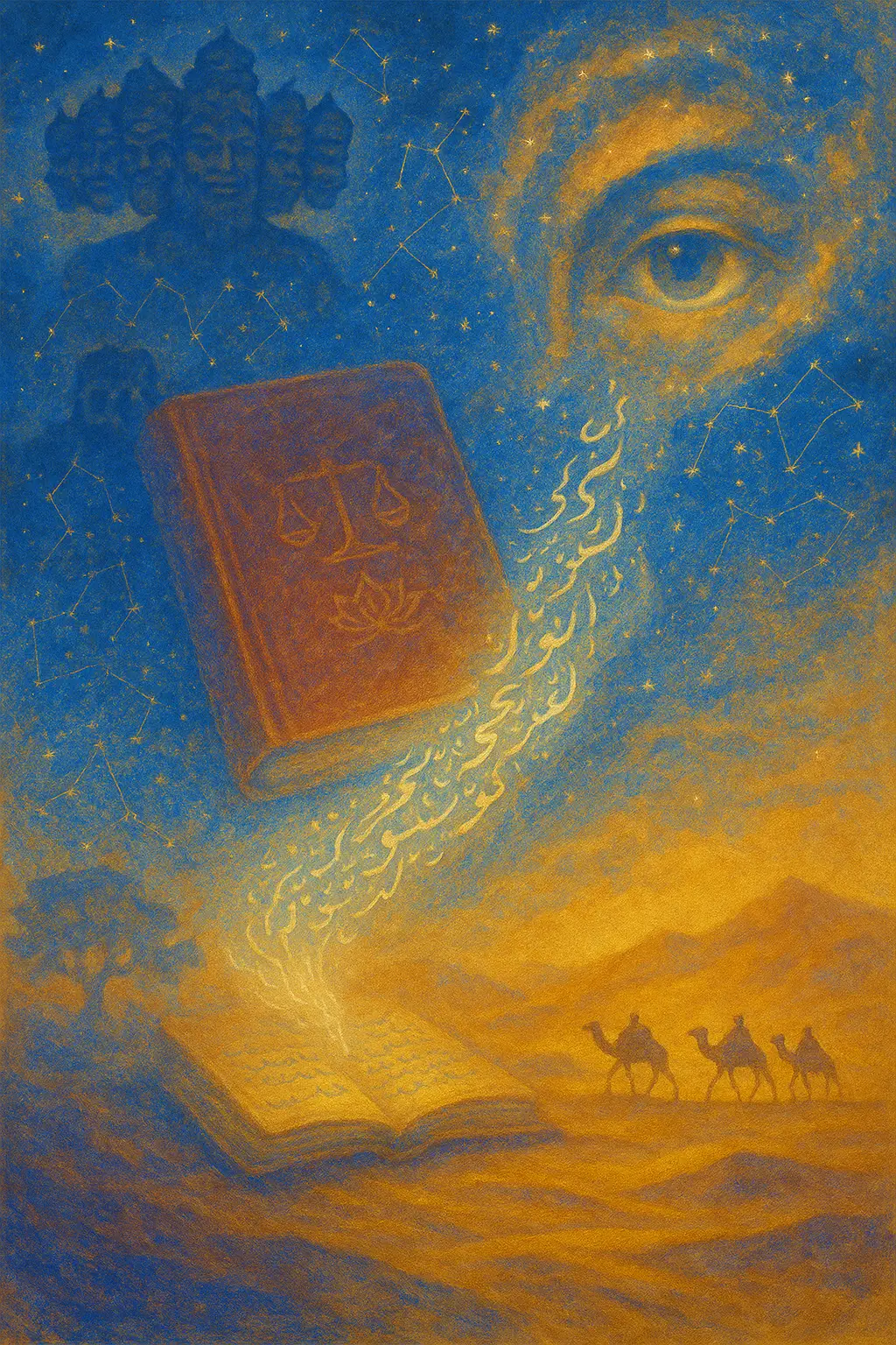 An abstract drawing showing the mythical origins of the Lal Kitab, with swirling Urdu calligraphy, celestial charts, and symbols representing Ravana and a divine dream.
